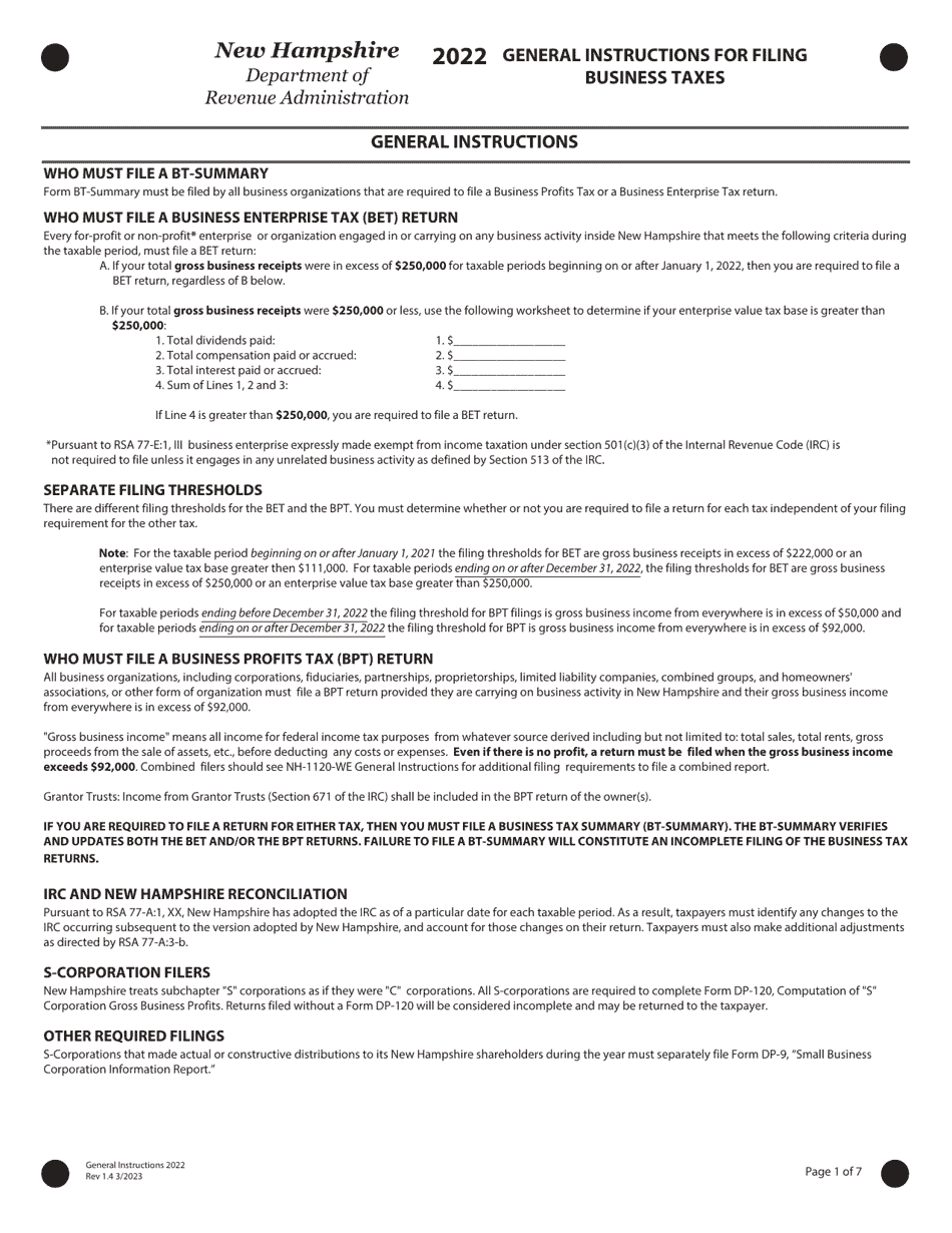 Instructions for Form BT-SUMMARY Business Tax Return Summary - New Hampshire, Page 1