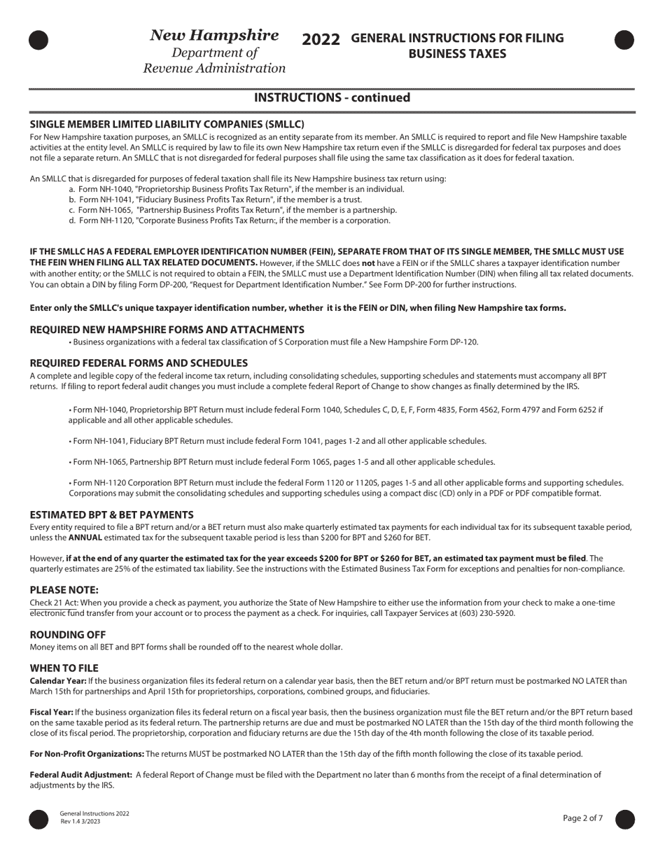 Instructions for Form BT-SUMMARY Business Tax Return Summary - New Hampshire, Page 2