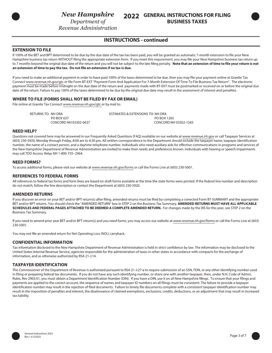 Instructions for Form BT-SUMMARY Business Tax Return Summary - New Hampshire, Page 3