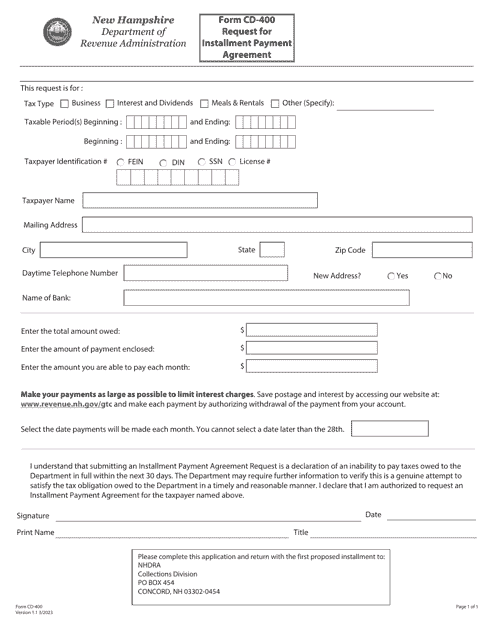 Form CD-400 Request for Installment Payment Agreement - New Hampshire