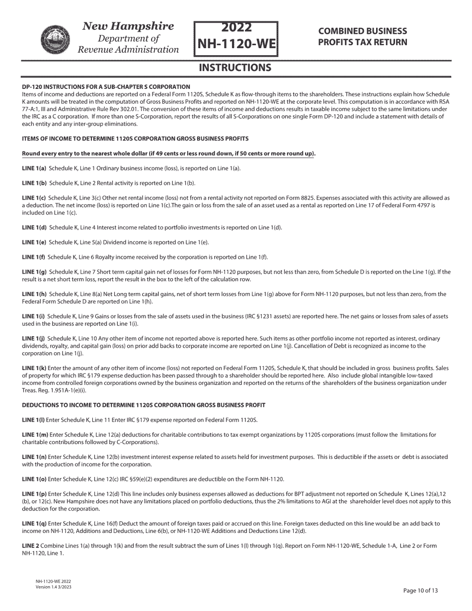 Instructions for Form NH-1120-WE Combined Business Profits Tax Return - New Hampshire, Page 10