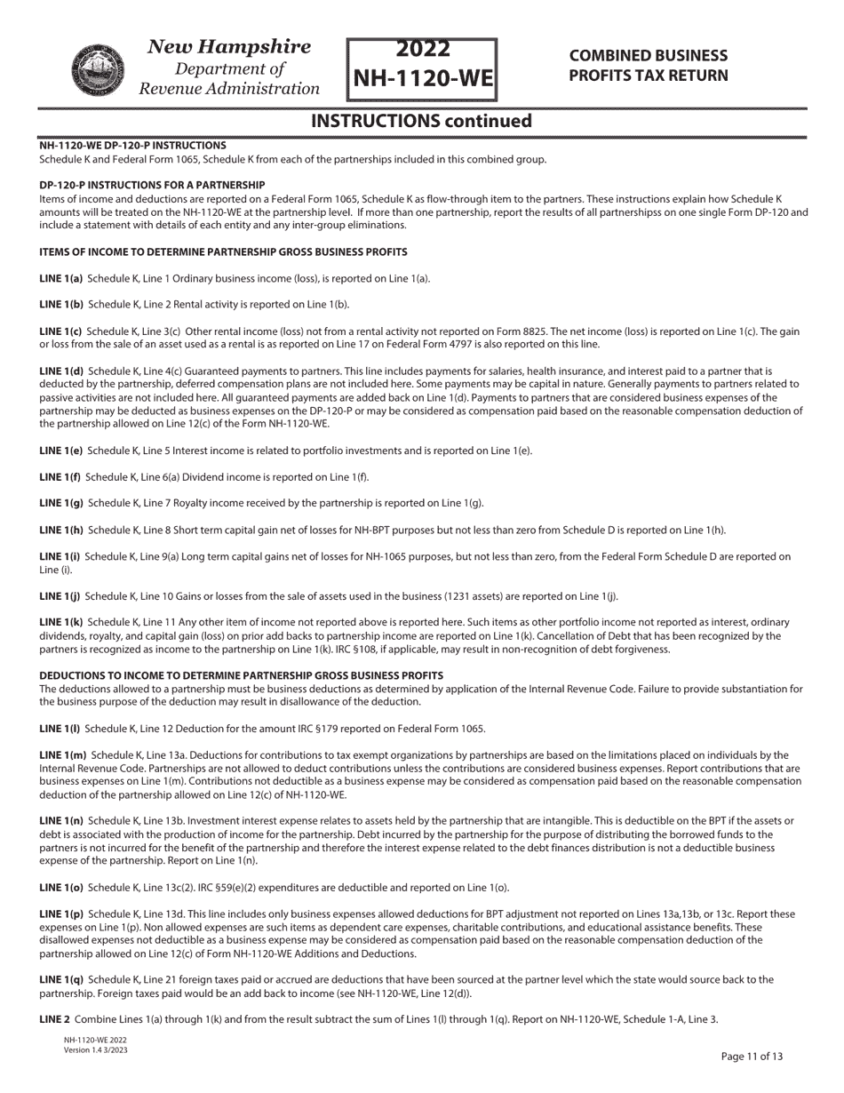 Instructions for Form NH-1120-WE Combined Business Profits Tax Return - New Hampshire, Page 11