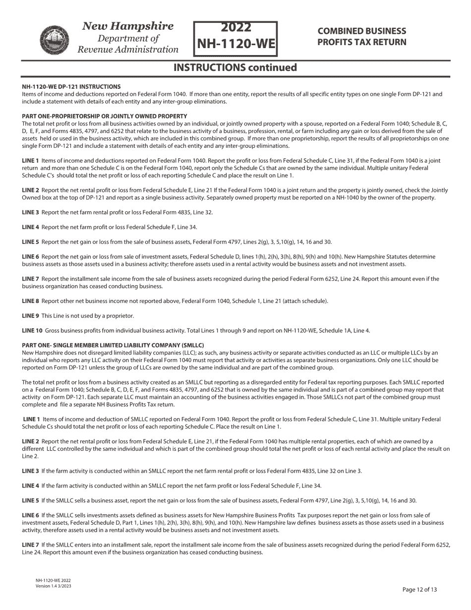 Instructions for Form NH-1120-WE Combined Business Profits Tax Return - New Hampshire, Page 12