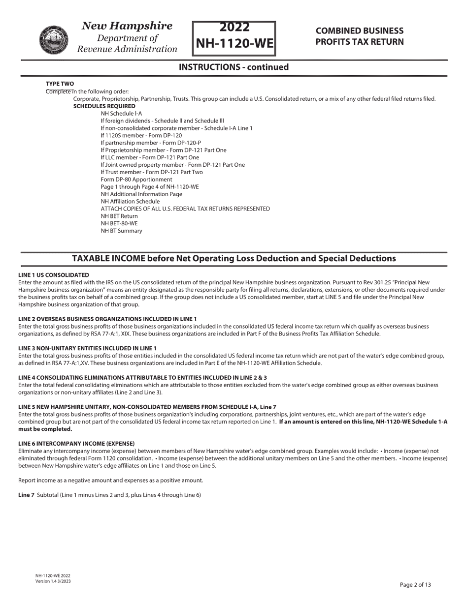 Instructions for Form NH-1120-WE Combined Business Profits Tax Return - New Hampshire, Page 2