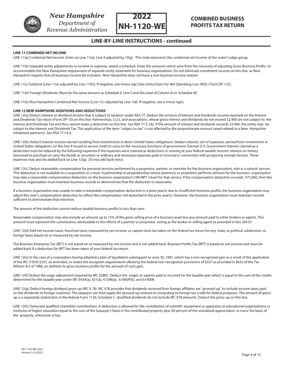Instructions for Form NH-1120-WE Combined Business Profits Tax Return - New Hampshire, Page 4
