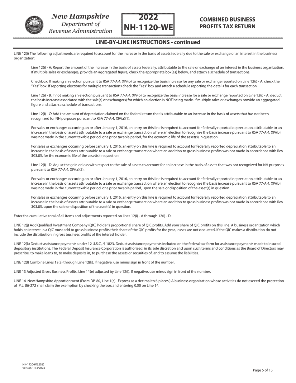 Instructions for Form NH-1120-WE Combined Business Profits Tax Return - New Hampshire, Page 5