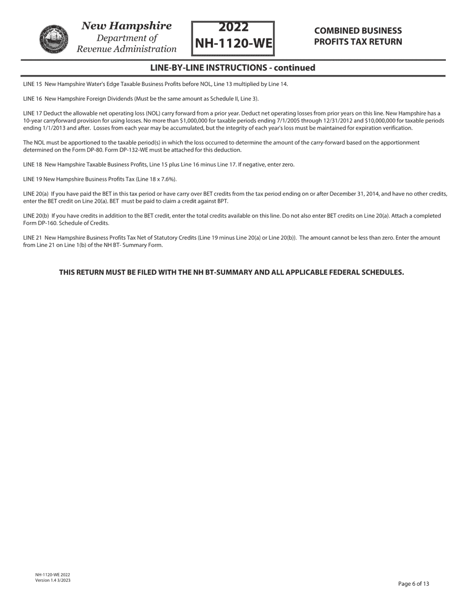 Instructions for Form NH-1120-WE Combined Business Profits Tax Return - New Hampshire, Page 6