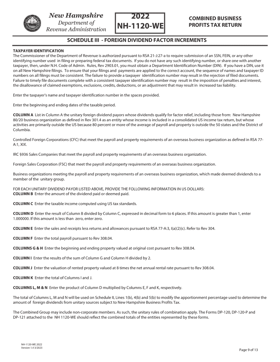 Instructions for Form NH-1120-WE Combined Business Profits Tax Return - New Hampshire, Page 9