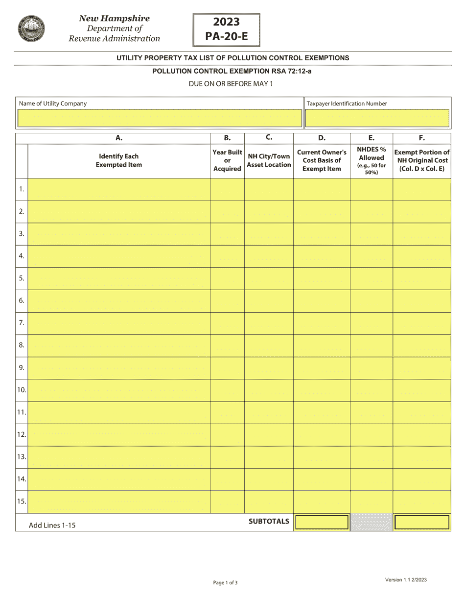 Form PA-20-E Utility Property Tax List of Pollution Control Exemptions - New Hampshire, Page 1
