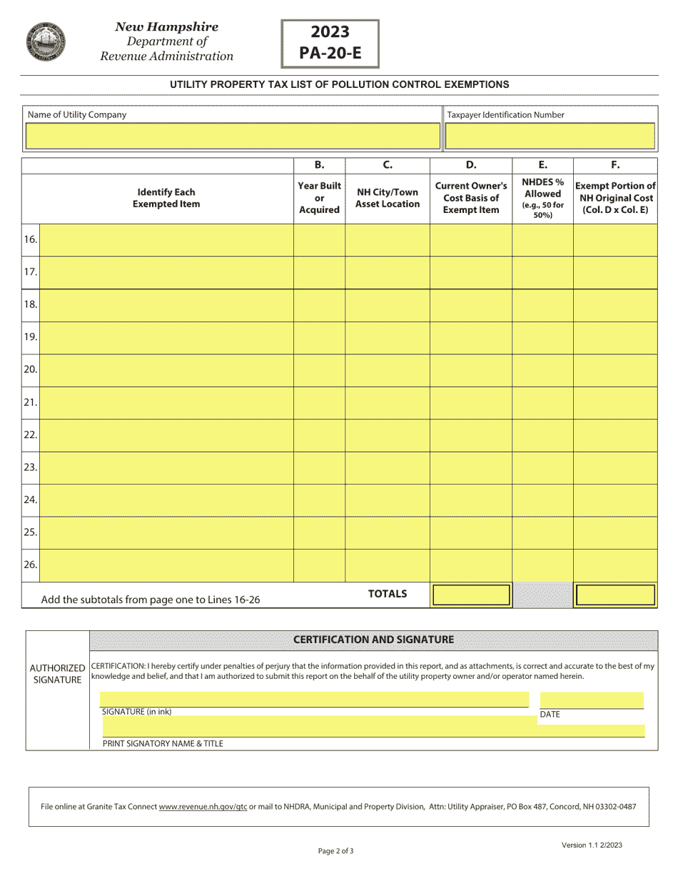 Form PA-20-E Utility Property Tax List of Pollution Control Exemptions - New Hampshire, Page 2