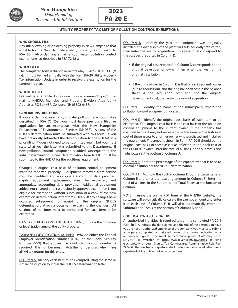Form PA-20-E Utility Property Tax List of Pollution Control Exemptions - New Hampshire, Page 3