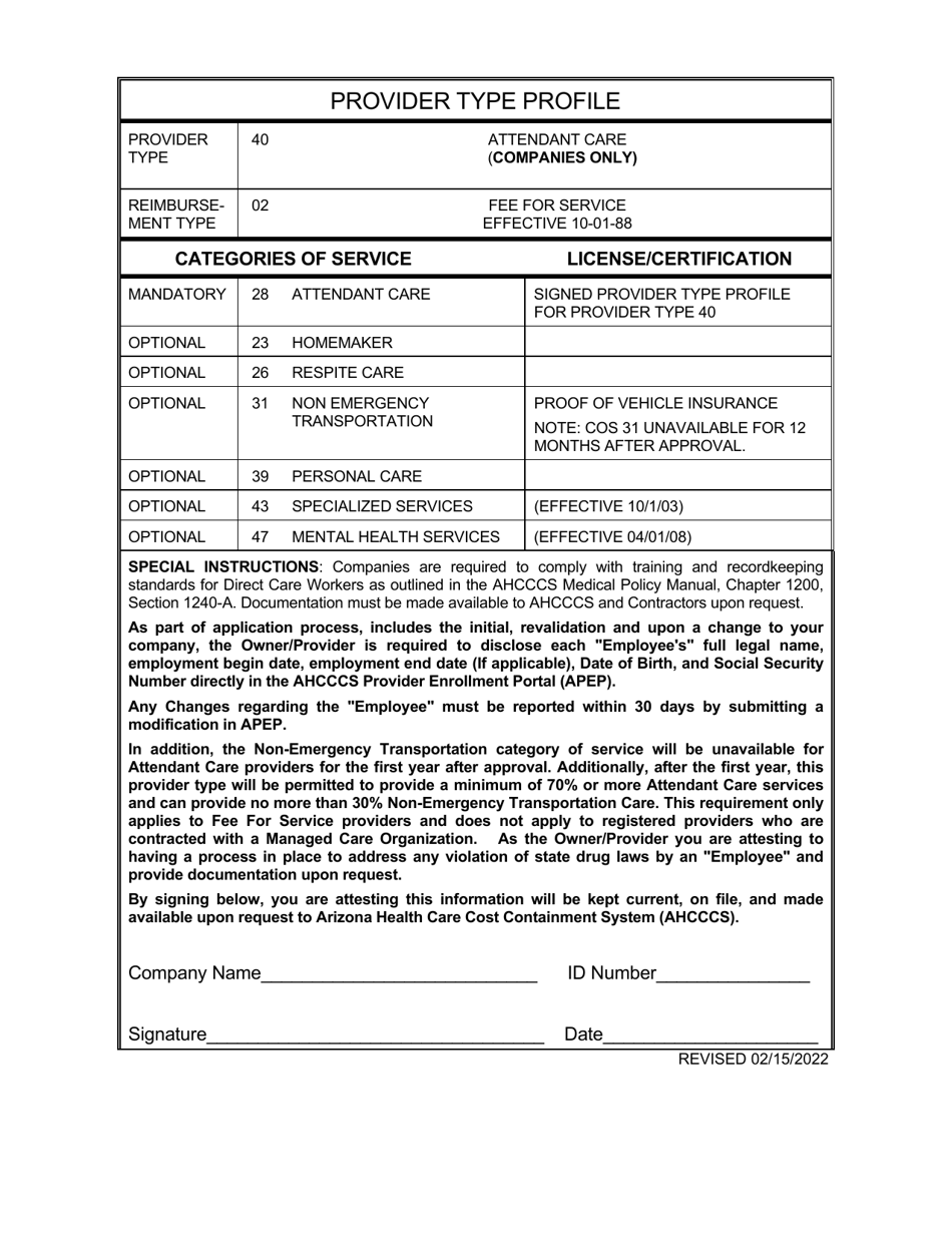 Arizona Provider Type Profile Attendant Care Only) Fill