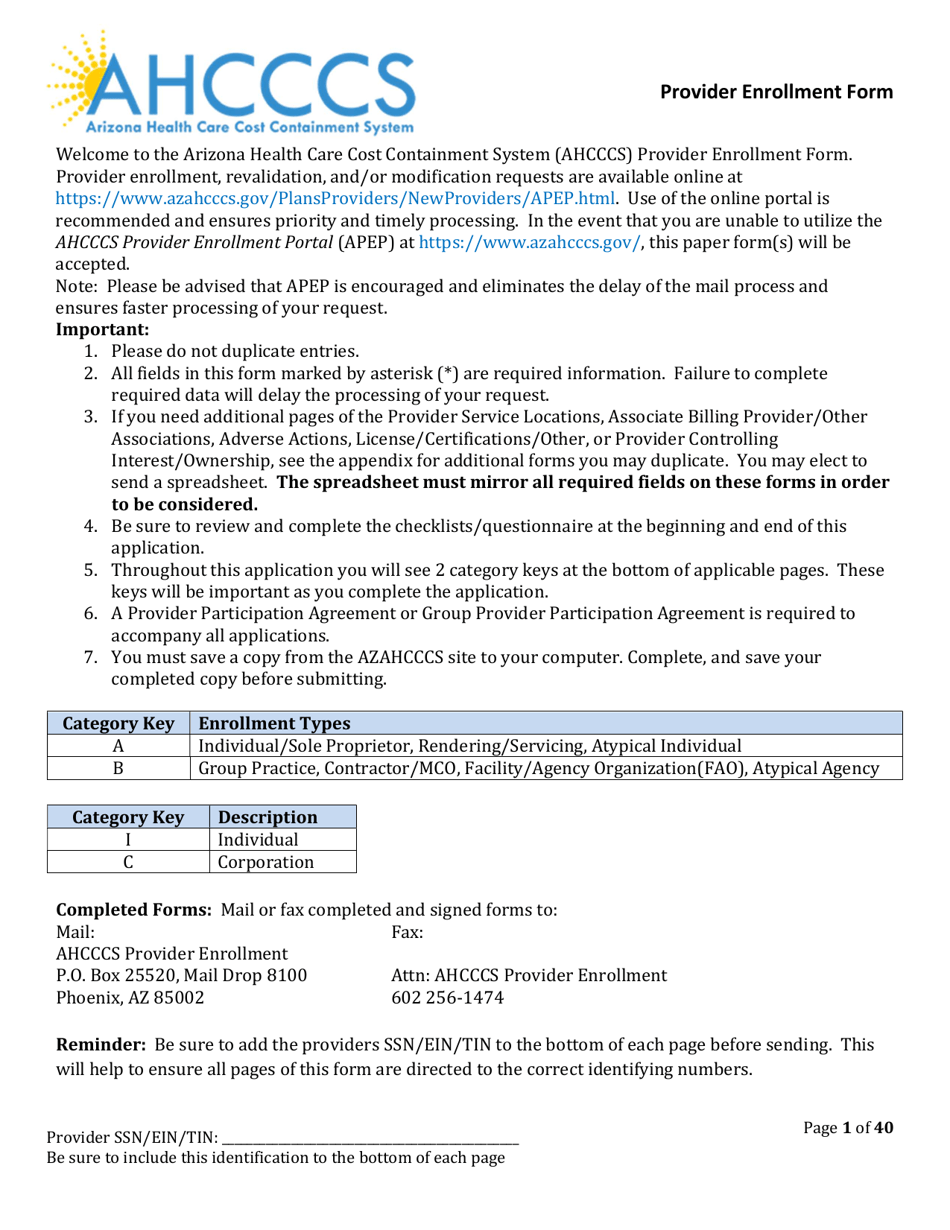 Provider Enrollment Form - Arizona, Page 1