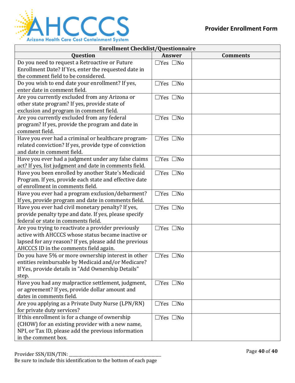 Provider Enrollment Form - Arizona, Page 40