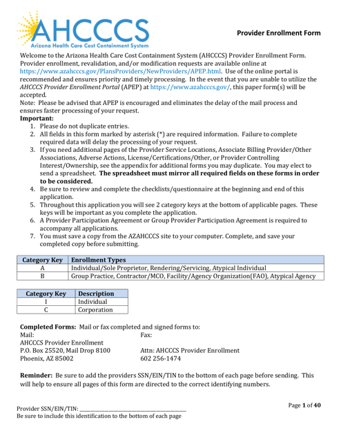 Provider Enrollment Form - Arizona Download Pdf
