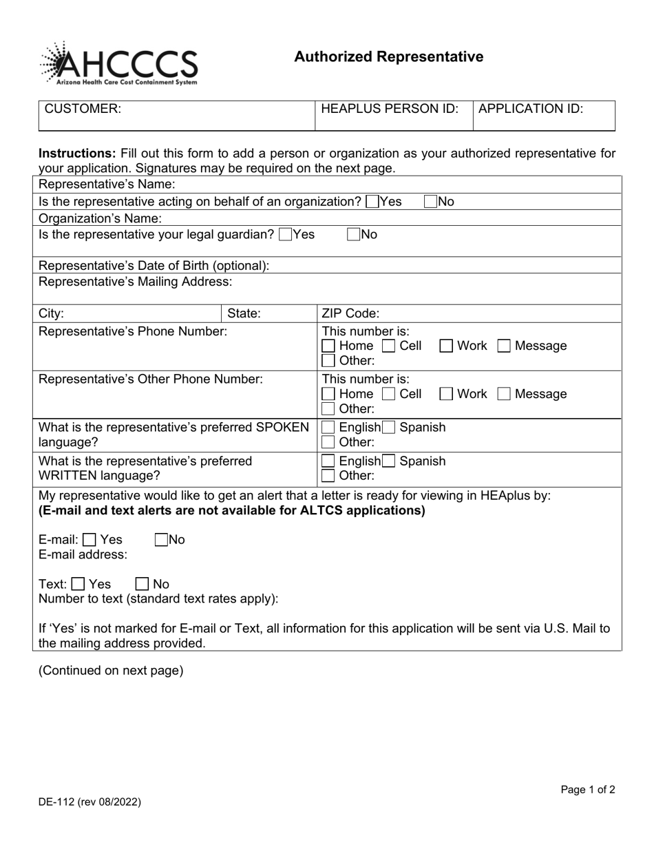 Form DE-112 Authorized Representative - Arizona, Page 1