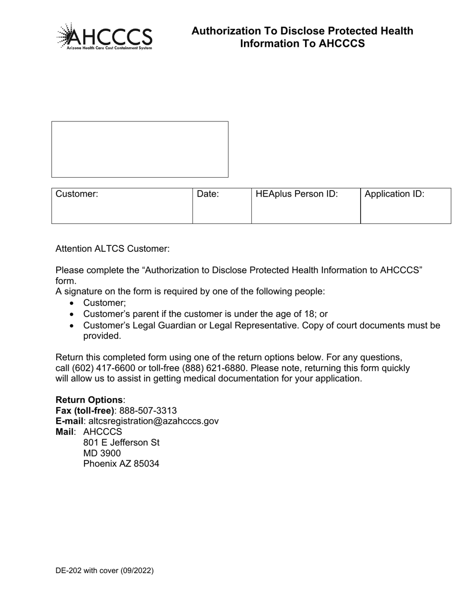 Form DE-202 Authorization to Disclose Protected Health Information to Ahcccs - Arizona, Page 1