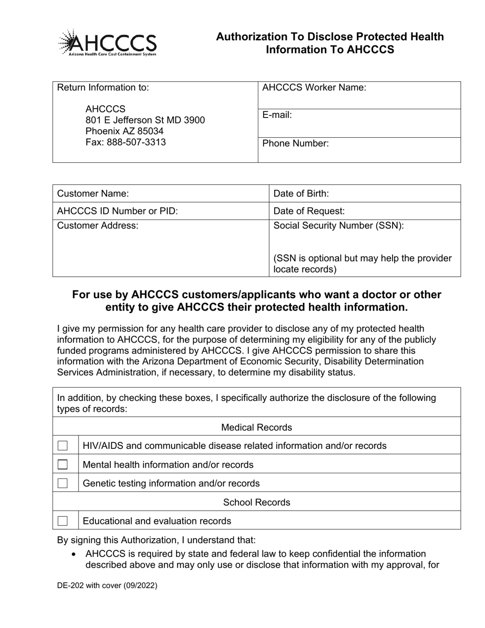 Form DE-202 Authorization to Disclose Protected Health Information to Ahcccs - Arizona, Page 3