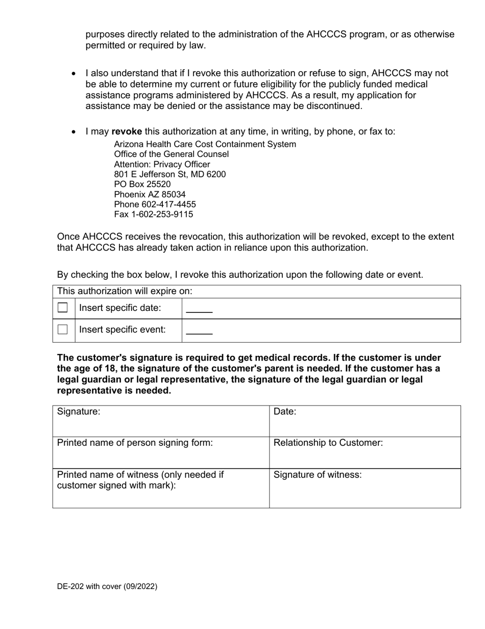 Form DE-202 Authorization to Disclose Protected Health Information to Ahcccs - Arizona, Page 4