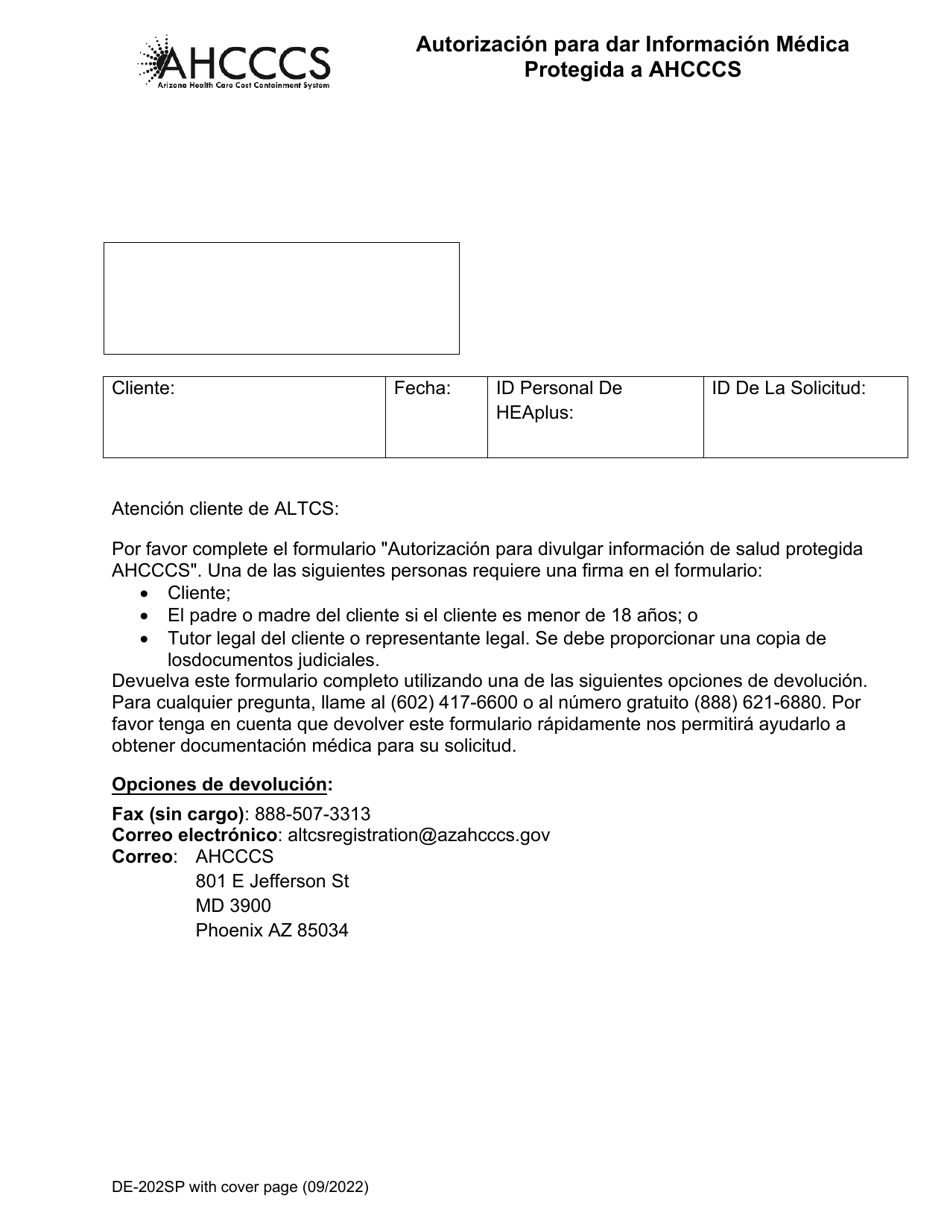 Formulario DE-202 Autorizacion Para Dar Informacion Medica Protegida a Ahcccs - Arizona (Spanish), Page 1