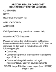 Document preview: Form DE-202 Authorization to Disclose Protected Health Information to Ahcccs - Large Print - Arizona