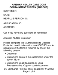 Form DE-202 Authorization to Disclose Protected Health Information to Ahcccs - Large Print - Arizona