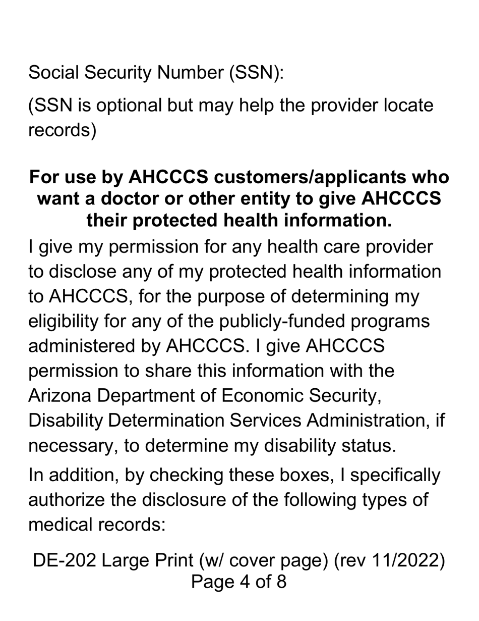 Form DE-202 Authorization to Disclose Protected Health Information to Ahcccs - Large Print - Arizona, Page 4