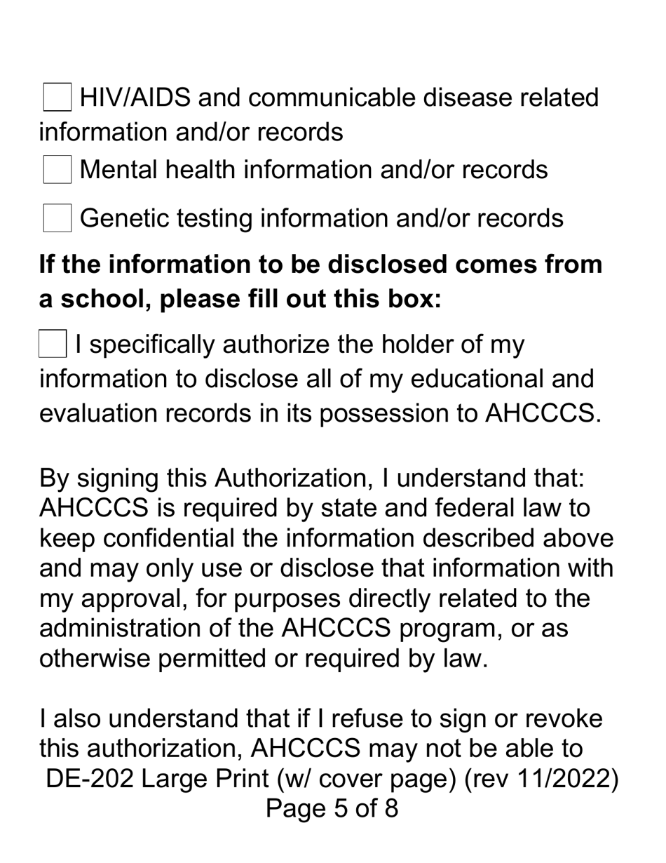 Form DE-202 Authorization to Disclose Protected Health Information to Ahcccs - Large Print - Arizona, Page 5