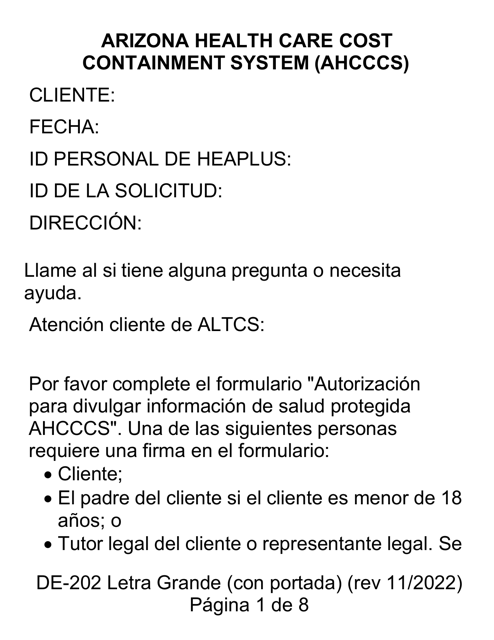 Formulario DE-202 Autorizacion Para Revelar a Ahcccs Informacion Protegida Acera De Su Salad - Letra Grande - Arizona (Spanish)