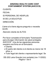 Formulario DE-202 Autorizacion Para Revelar a Ahcccs Informacion Protegida Acera De Su Salad - Letra Grande - Arizona (Spanish)