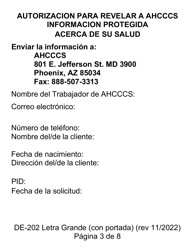 Formulario DE-202 Autorizacion Para Revelar a Ahcccs Informacion Protegida Acera De Su Salad - Letra Grande - Arizona (Spanish), Page 3
