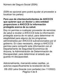 Formulario DE-202 Autorizacion Para Revelar a Ahcccs Informacion Protegida Acera De Su Salad - Letra Grande - Arizona (Spanish), Page 4