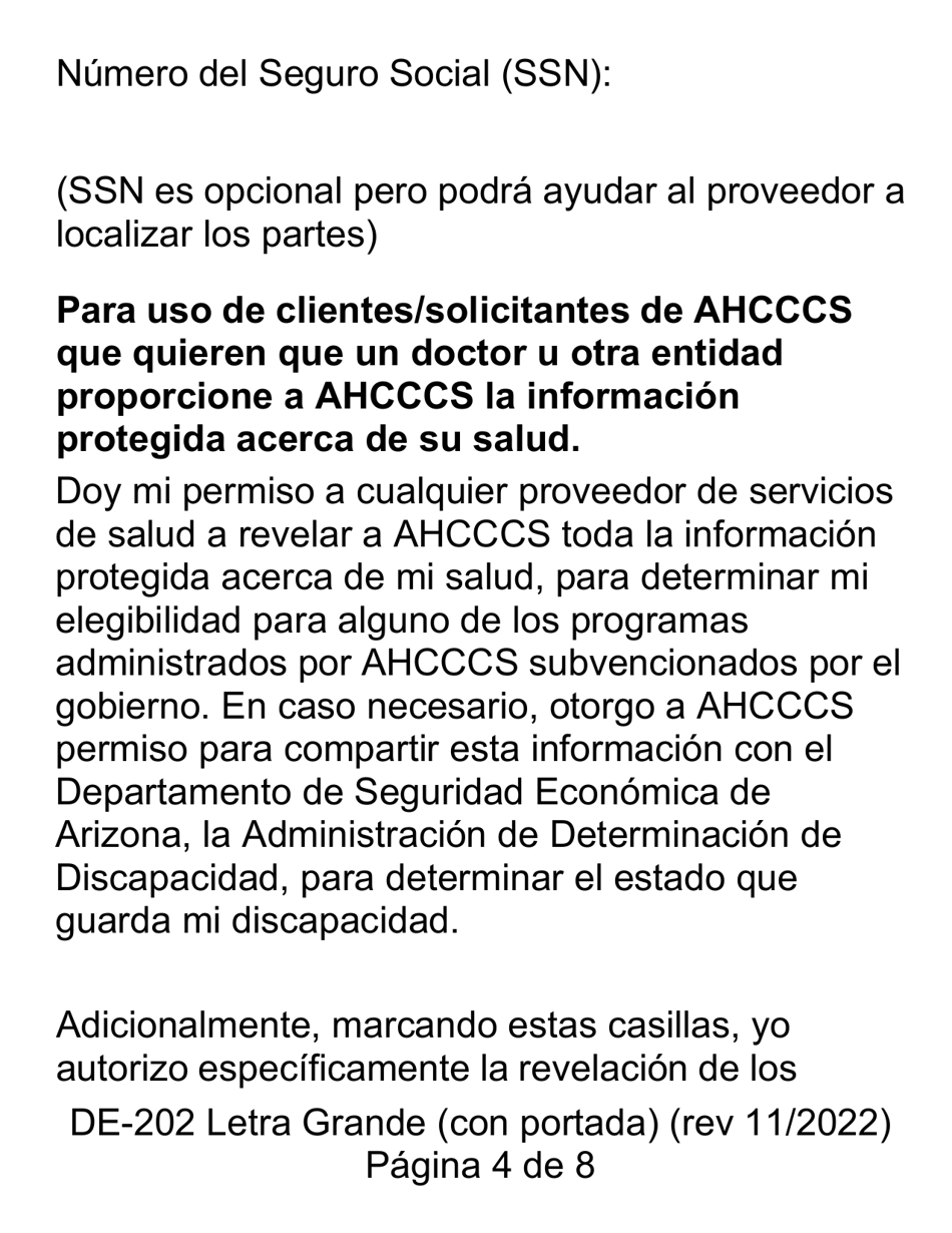 Formulario DE-202 Autorizacion Para Revelar a Ahcccs Informacion Protegida Acera De Su Salad - Letra Grande - Arizona (Spanish), Page 4
