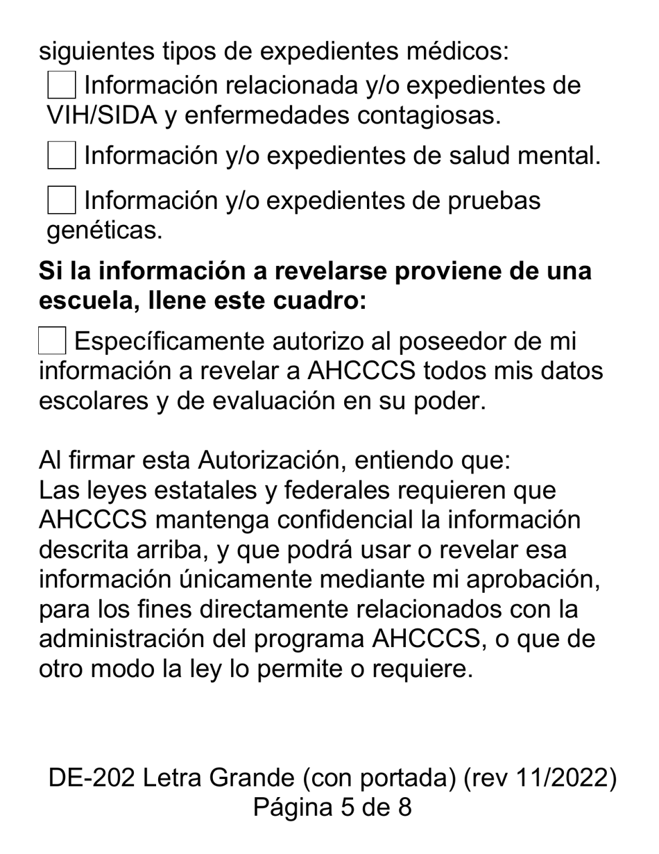 Formulario DE-202 Autorizacion Para Revelar a Ahcccs Informacion Protegida Acera De Su Salad - Letra Grande - Arizona (Spanish), Page 5