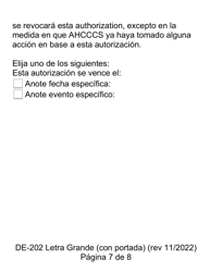 Formulario DE-202 Autorizacion Para Revelar a Ahcccs Informacion Protegida Acera De Su Salad - Letra Grande - Arizona (Spanish), Page 7