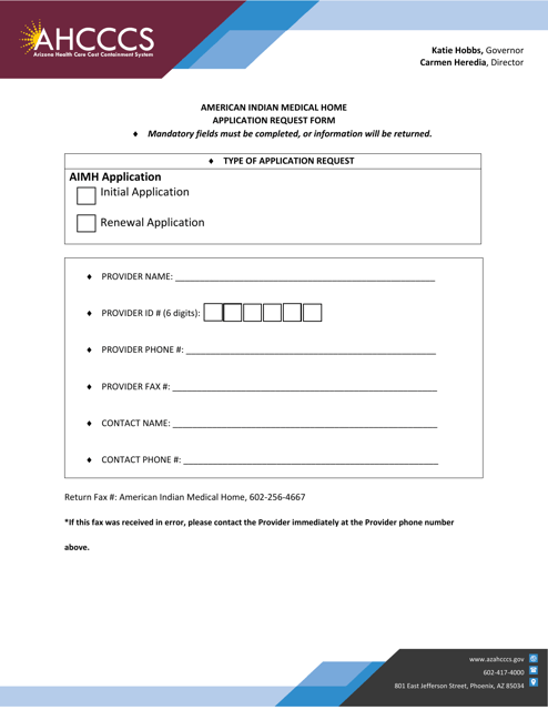 American Indian Medical Home Application Request Form - Fax Cover Sheet - Arizona