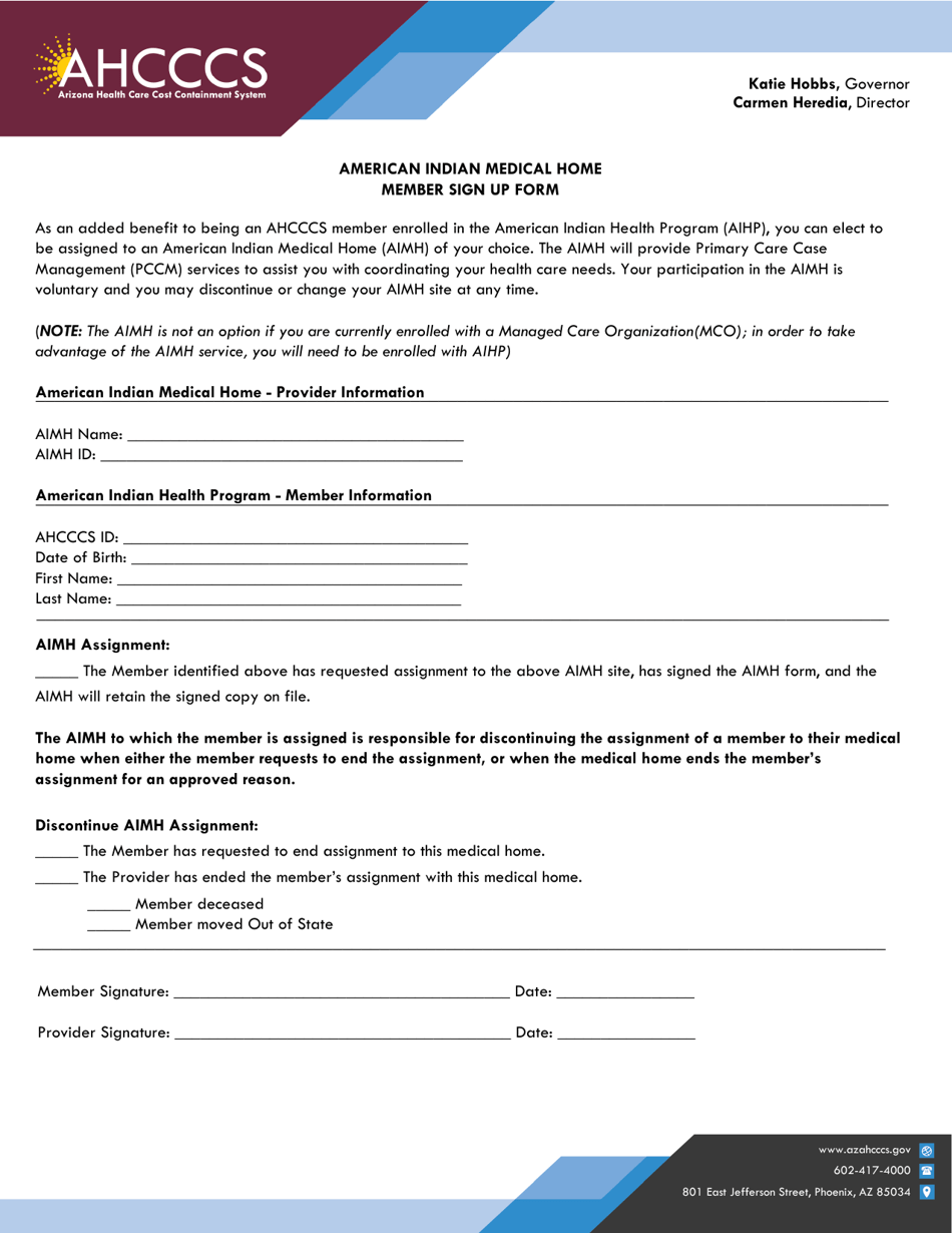 American Indian Medical Home Member Sign up Form - Arizona, Page 1