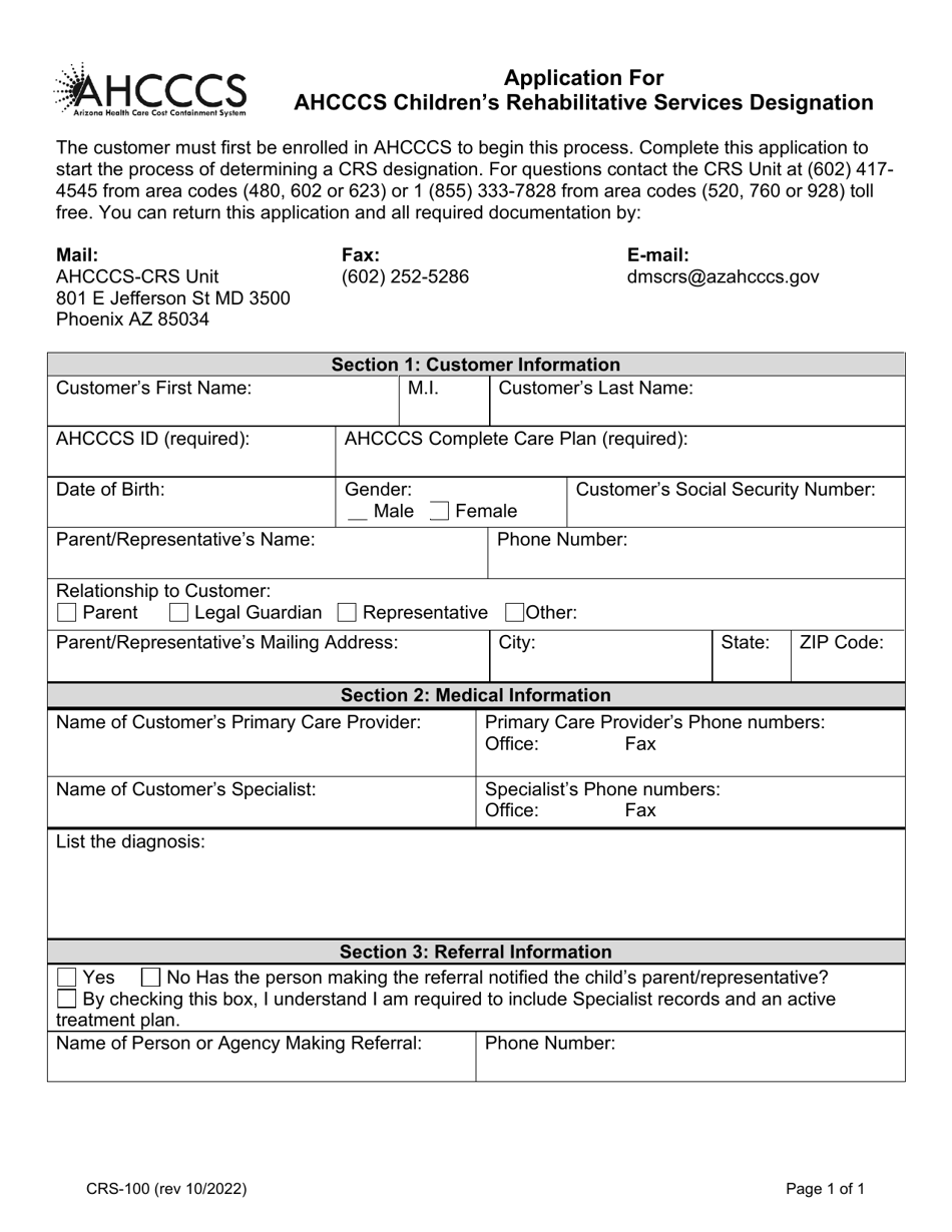 Form CRS-100 - Fill Out, Sign Online And Download Fillable PDF, Arizona ...