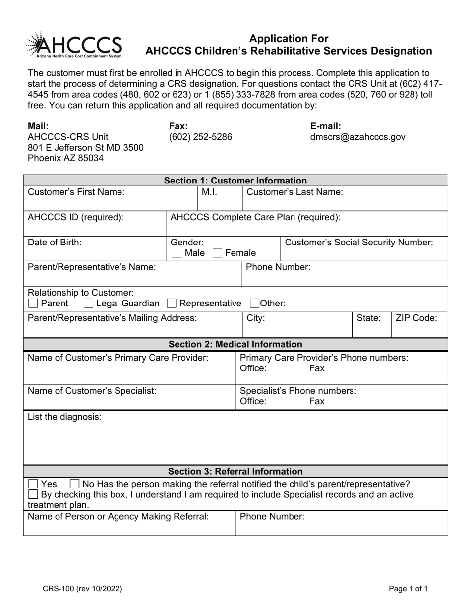 Form CRS-100 Application for Ahcccs Childrens Rehabilitative Services Designation - Arizona, Page 1