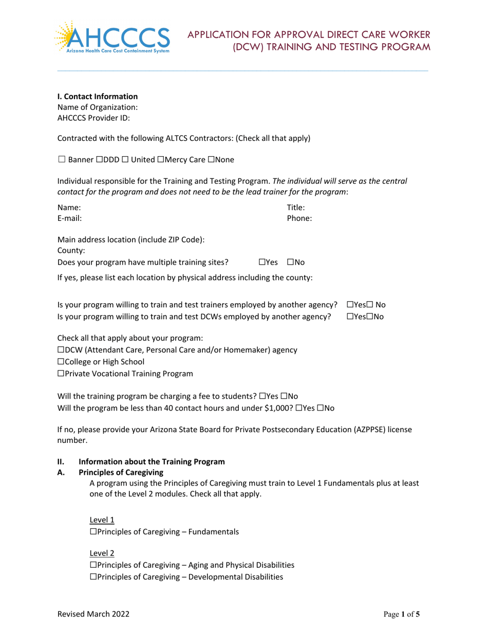 Application for Approval Direct Care Worker (Dcw) Training and Testing Program - Arizona, Page 1