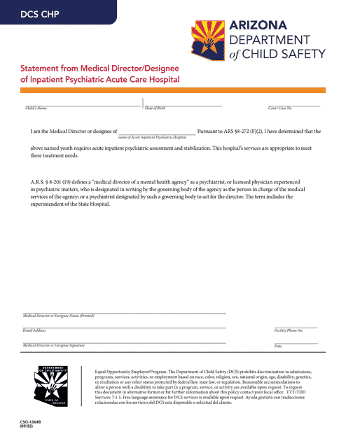 Form CSO-1364B Statement From Medical Director/Designee of Inpatient Psychiatric Acute Care Hospital - Arizona
