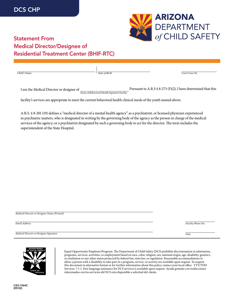 Form CSO-1364C Statement From Medical Director/Designee of Residential Treatment Center (Bhif-Rtc) - Arizona, Page 1