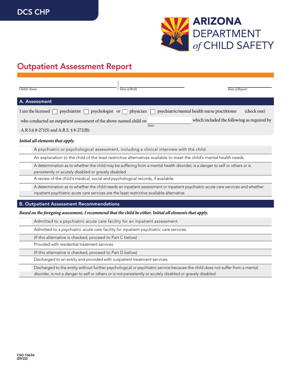 Form CSO-1363A Outpatient Assessment Report - Arizona, Page 1