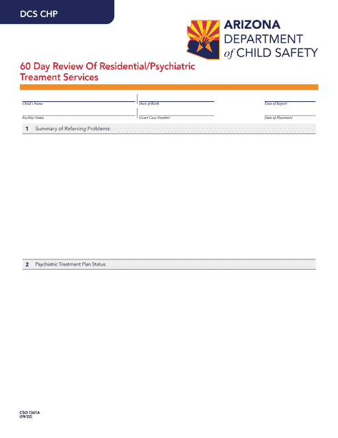 Form CSO-1361A 60 Day Review of Residential/Psychiatric Treatment Services - Arizona