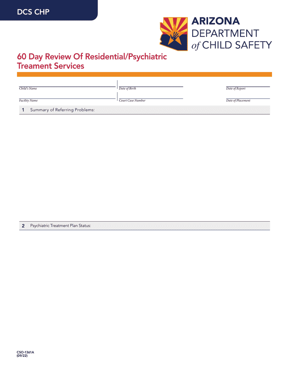 Form CSO-1361A 60 Day Review of Residential / Psychiatric Treatment Services - Arizona, Page 1
