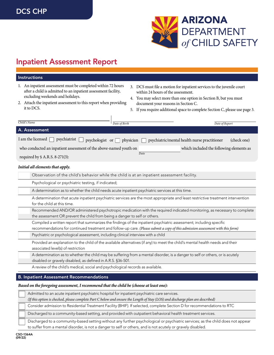 Form CSO-1364A Inpatient Assessment Report - Arizona, Page 1