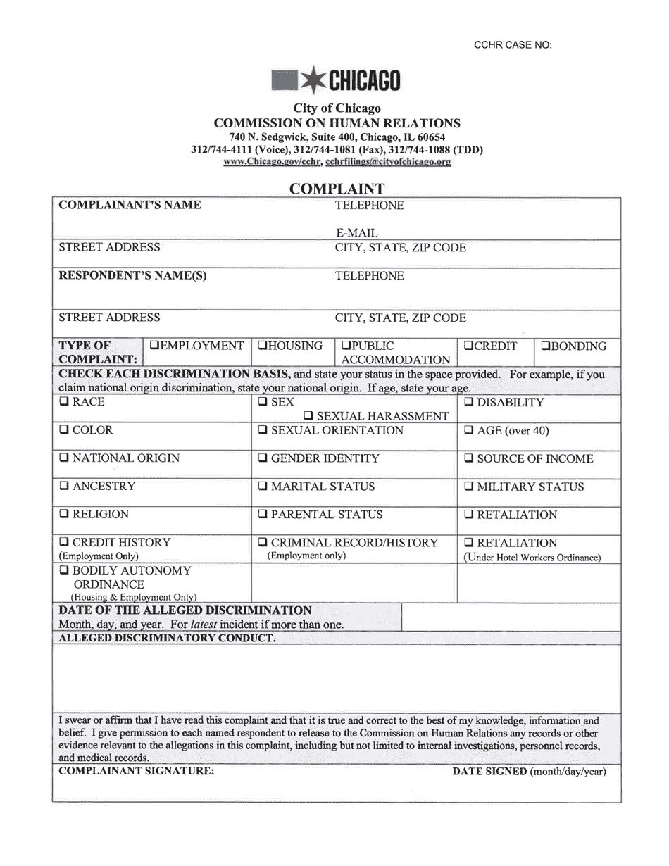 Complaint Form - City of Chicago, Illinois, Page 1