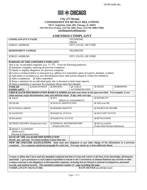 Amended Complaint Form - City of Chicago, Illinois Download Pdf