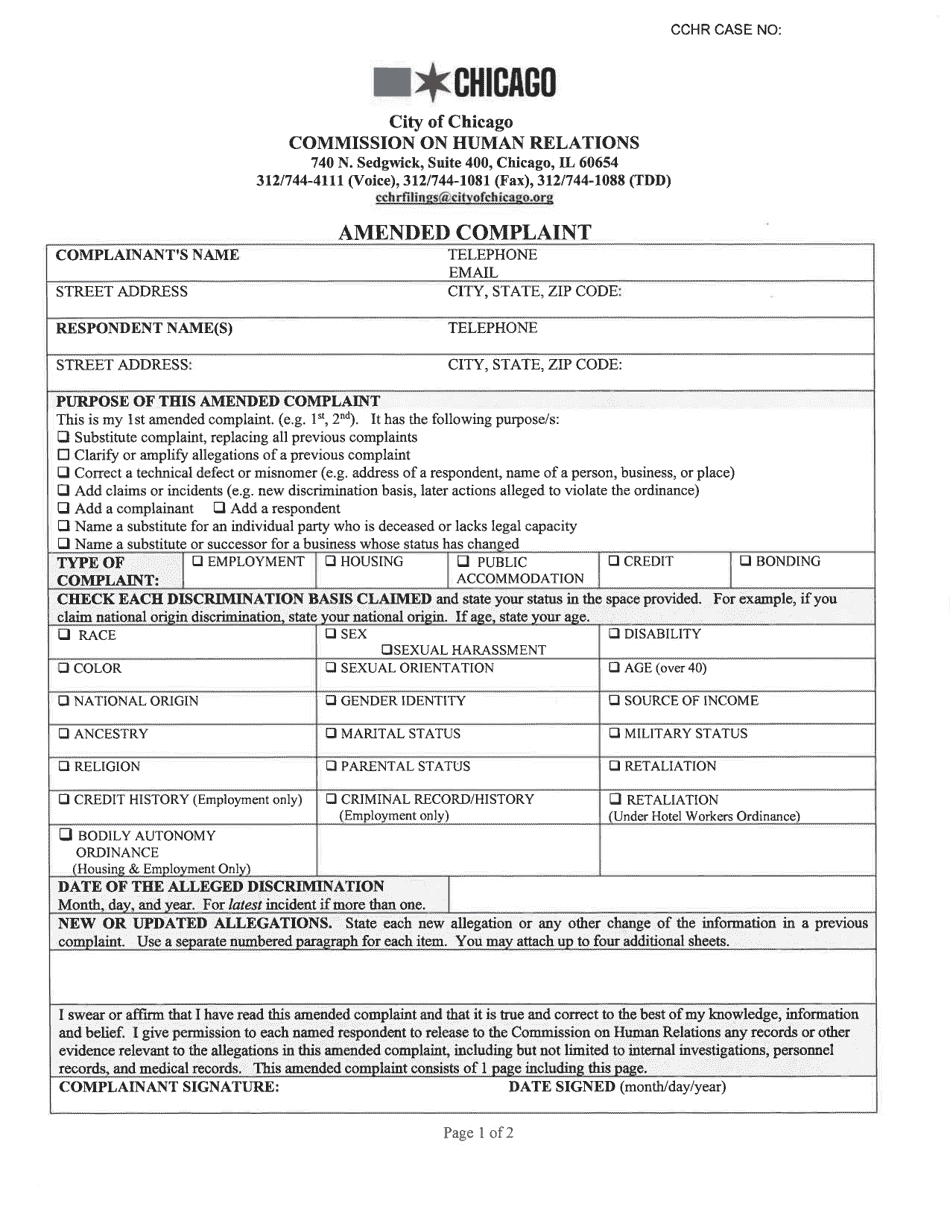 Amended Complaint Form - City of Chicago, Illinois, Page 1