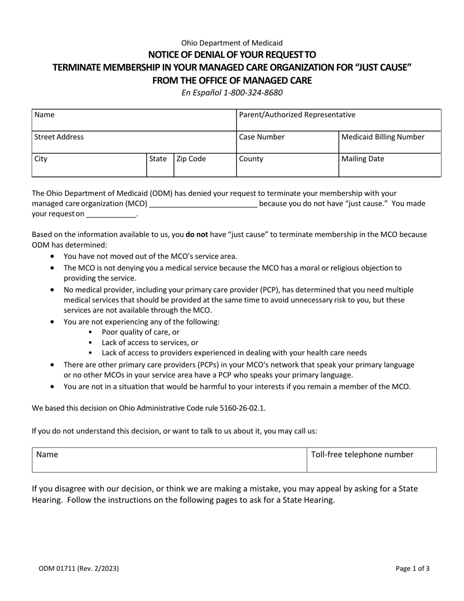 Form ODM01711 Notice of Denial of Your Request to Terminate Membership in Your Managed Care Organization for just Cause From the Office of Managed Care - Ohio, Page 1